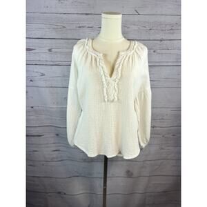 P Cill Cotton Gauze Top Womens Large Off White 3/4 Sleeve Ruffle Split Neck Boho